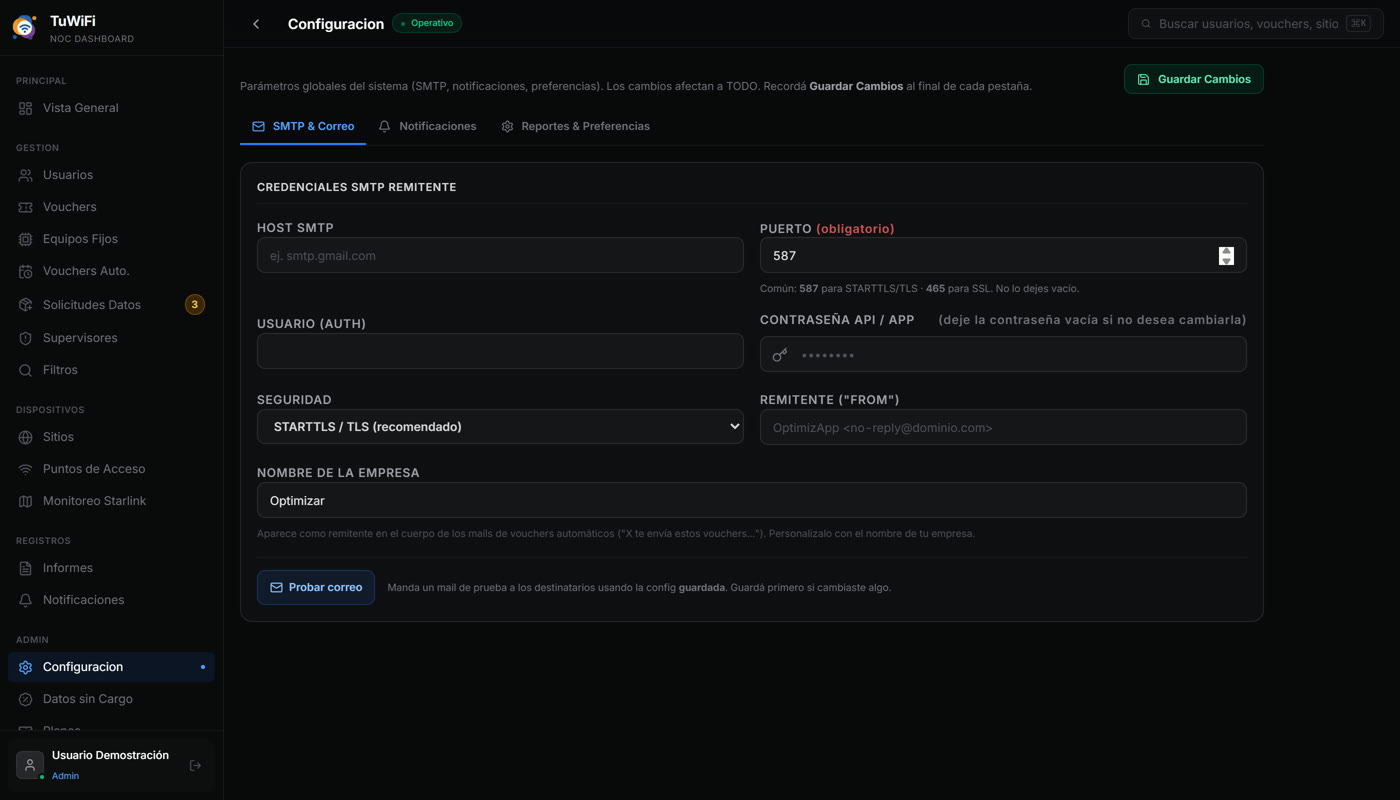 Configuración global del sistema con credenciales SMTP, seguridad de correo y datos del remitente