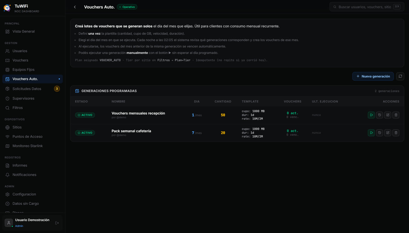 Configuración de vouchers automáticos que se generan solos un día del mes con envío por email opcional