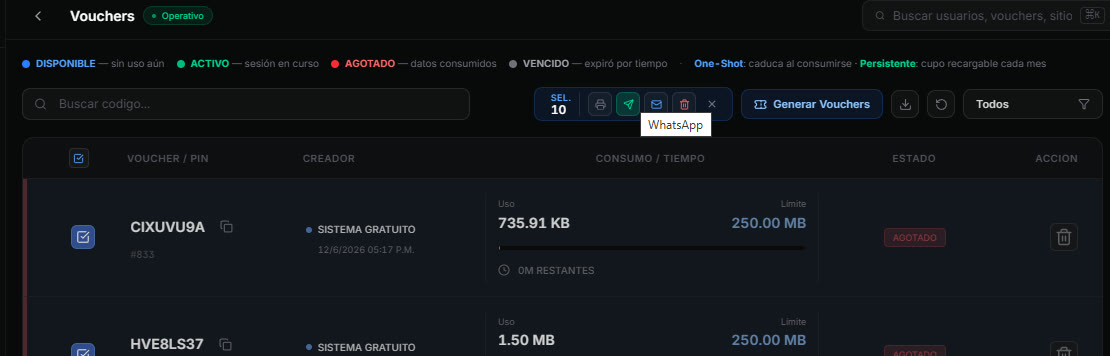 Selección de vouchers para compartir por WhatsApp